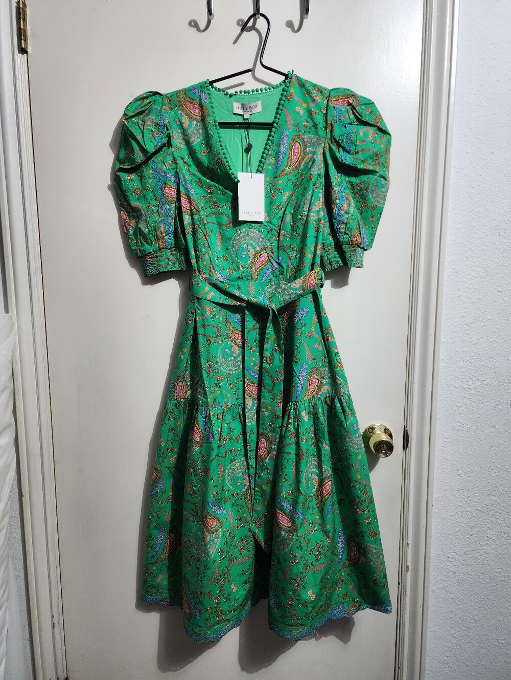 Hale Bob Elaina Poplin Midi Dress Emerald Paisley Puff Sleeve Belted NWT S - Picture 2 of 9